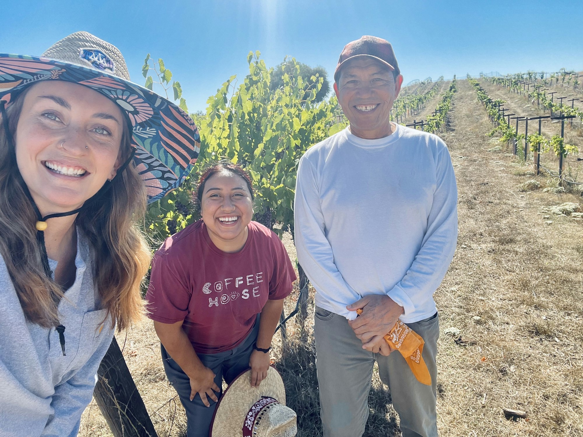 Three people smiling in a vineyard, sunny day.