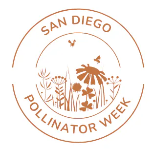 The image features a logo for "San Diego Pollinator Week," depicting flowers and bees in a circular design.