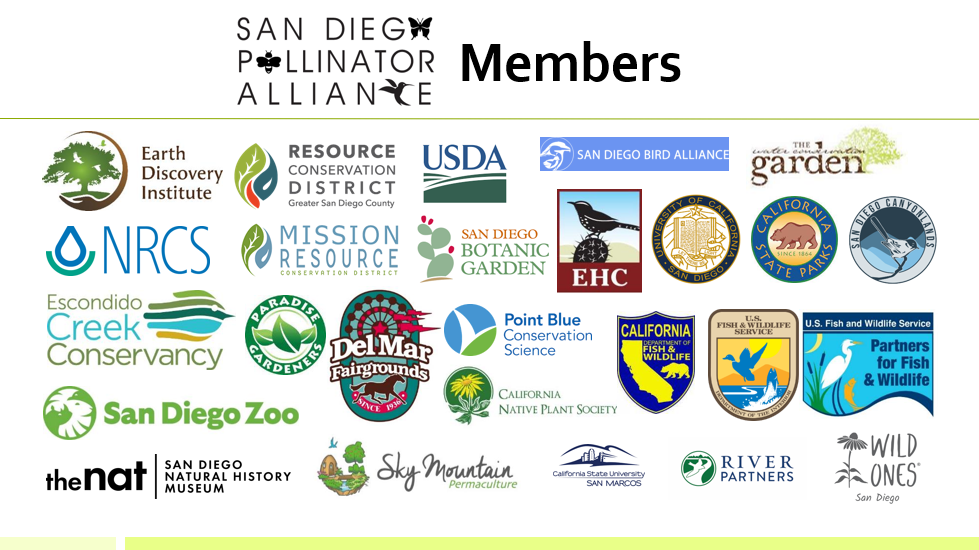 Logos of organizations part of the San Diego Pollinator Alliance.