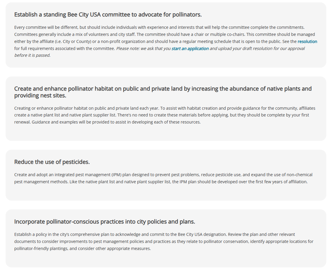 Guidelines for establishing a Bee City USA: Committees, habitats, reducing pesticides, and incorporating pollinator practices in city policies.