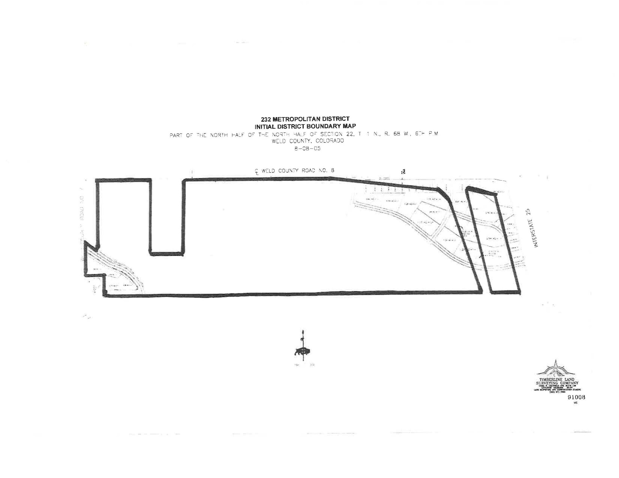 The document is titled 232 Metropolitan District Initial District Boundary Map. It displays a specific area within Weld County, Colorado, specifically part of the north half of Section 22, Township 1 North, Range 68 West. The map is dated August 8, 2005.