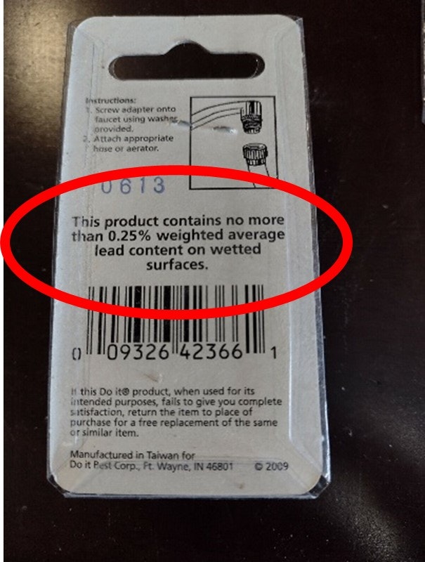 Product label warning about containing no more than 0.25% lead on wetted surfaces.