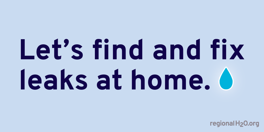 The image promotes finding and fixing leaks at home, emphasizing water conservation.