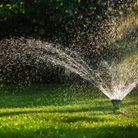 A sprinkler watering grass with a mist of water droplets glistening in sunlight.