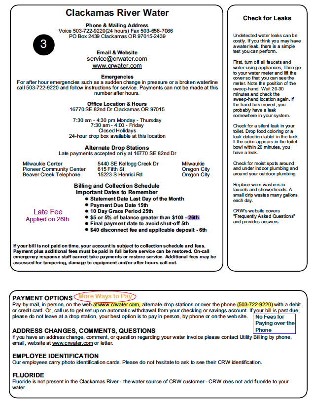 Clackamas River Water utility bill with payment, contact details, and instructions on checking for leaks.