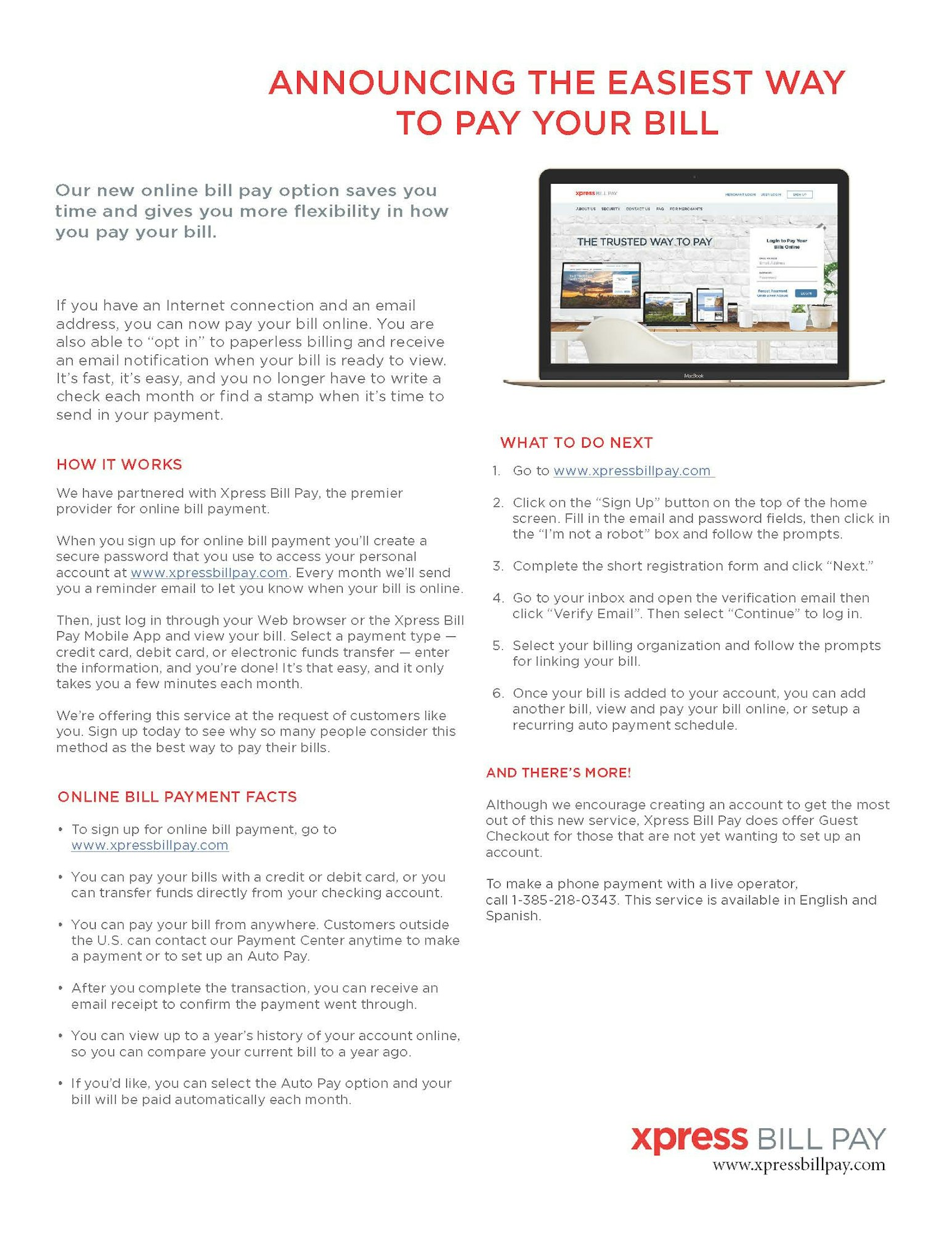 A flyer for Xpress Bill Pay's online service, detailing easy bill payment steps and features, including setup, benefits, and contact info.