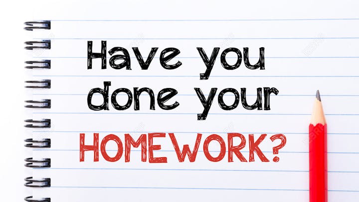 A notebook and pencil with the text, "Have you done your homework?"