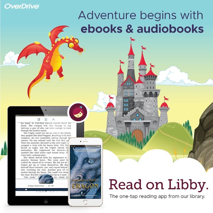 Dragon and castle illustration promoting ebooks and audiobooks on the Libby app by OverDrive.