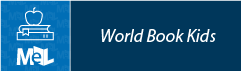 Logo with an apple on books, text "World Book Kids" and "MeL" on a blue background.
