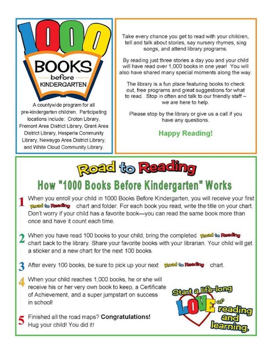 "1000 Books Before Kindergarten" program encourages reading for kids; involves tracking books, earning rewards, and promoting library visits.