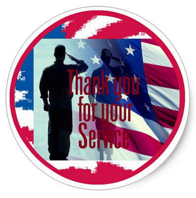 Silhouette of a saluting soldier, American flag background, text: "Thank you for your Service."