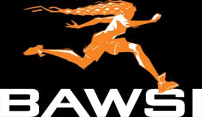A stylized orange silhouette of a running woman with flowing hair above the word "BAWSI.”