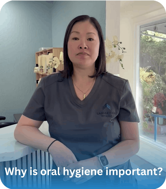 A person in a gray shirt stands indoors next to text: "Why is oral hygiene important?"