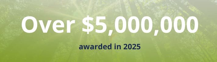 Text displaying "Over $5,000,000 awarded in 2025" over a forest background.