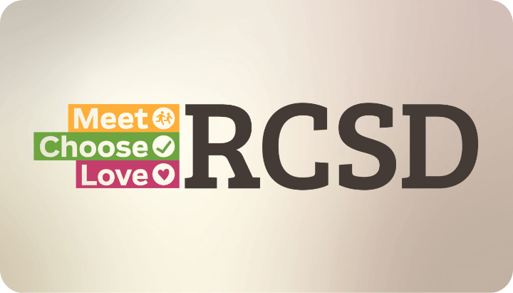 Text: "Meet Choose Love RCSD" with icons for each word on a light background.