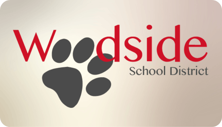 Text "Woodside School District" with a paw print graphic in the background.