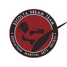 A logo with a silhouette of a martial artist, text "Escolta Dream Team - Education Martial Arts Success," within a red circular background.