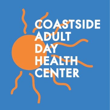 A logo with stylized sun and text "Coastside Adult Day Health Center" on a blue background.