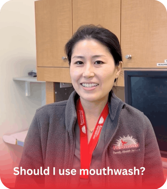 A person standing in an office wearing a "Ravenswood" lanyard and jacket. Text overlay: "Should I use mouthwash?"