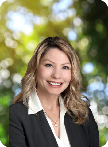 The image features a smiling person in a professional outfit, set against a blurred green background.