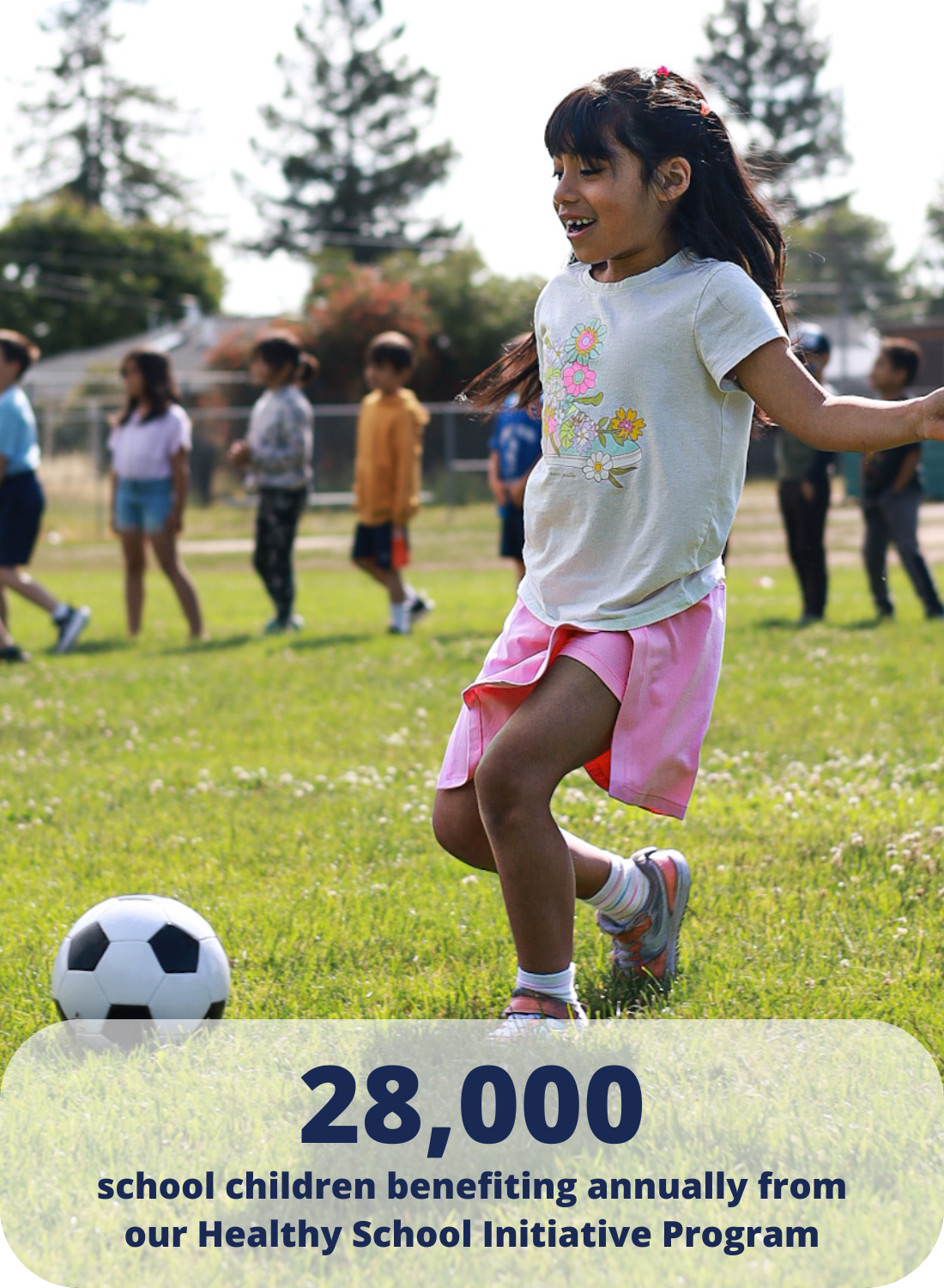 Child playing soccer, text: "28,000 school children benefiting annually from our Healthy School Initiative Program."