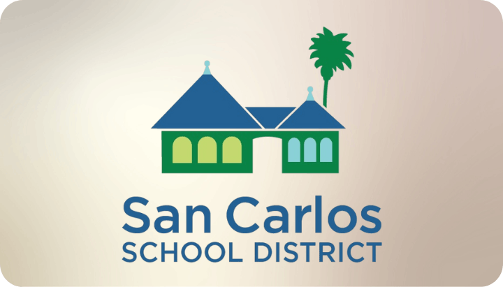 Stylized schoolhouse and palm tree logo with "San Carlos School District" text.