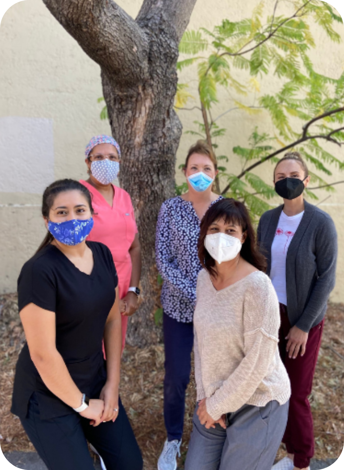 Five people wearing face masks, standing outdoors by a tree.