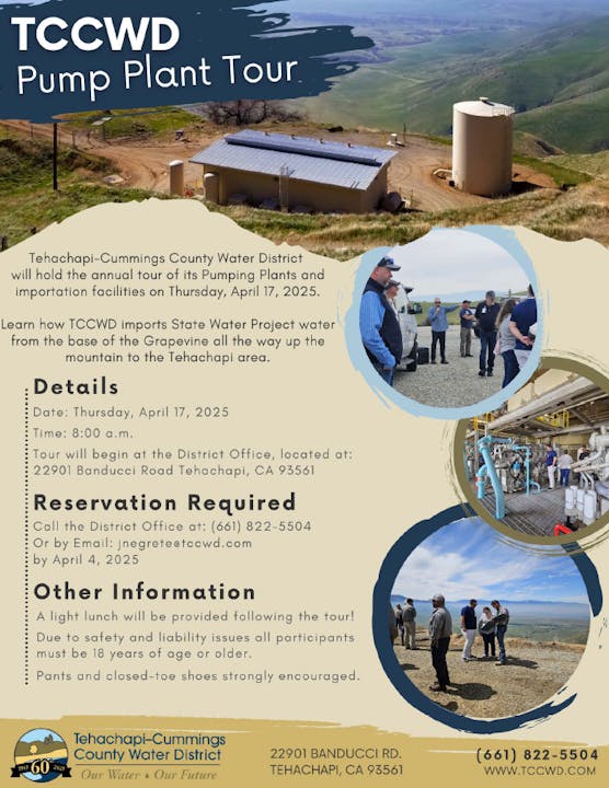 Flyer for TCCWD Pump Plant Tour on April 17, 2025, with reservation info; lunch included, 18+ only.