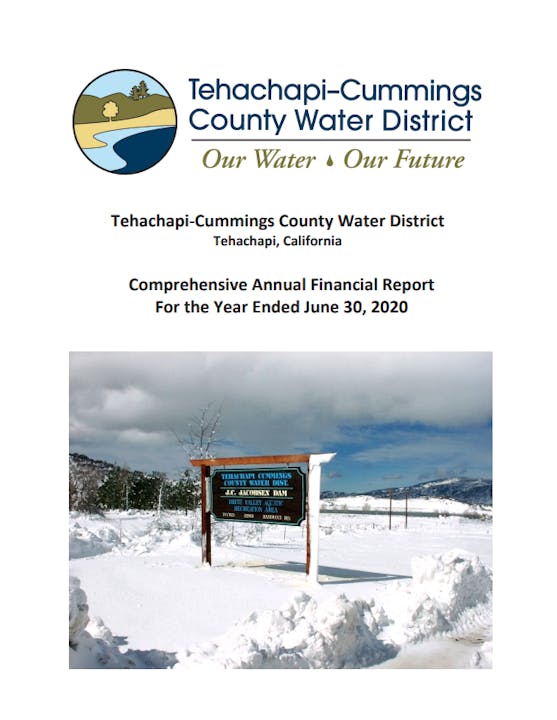 Cover of Tehachapi-Cummings County Water District's 2020 financial report, featuring a snowy landscape.