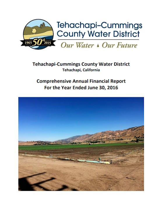 Cover for Tehachapi-Cummings County Water District's 2016 financial report with a landscape image and a 50th-anniversary emblem.