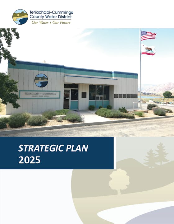 Tehachapi-Cummings County Water District building, logo, and Strategic Plan 2025 cover with trees and flag.