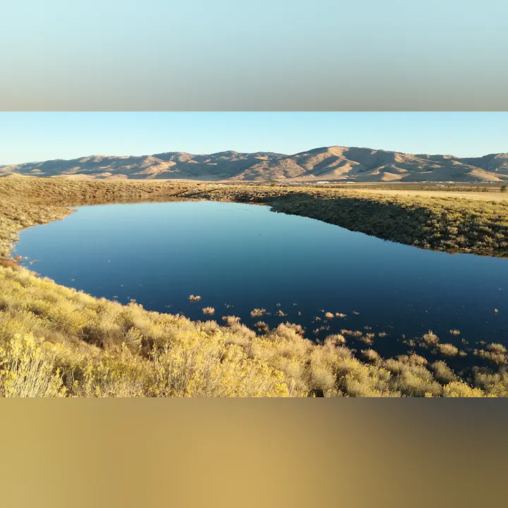 Calm pond reflecting the sky, surrounded by shrubs and hills under a clear blue sky.