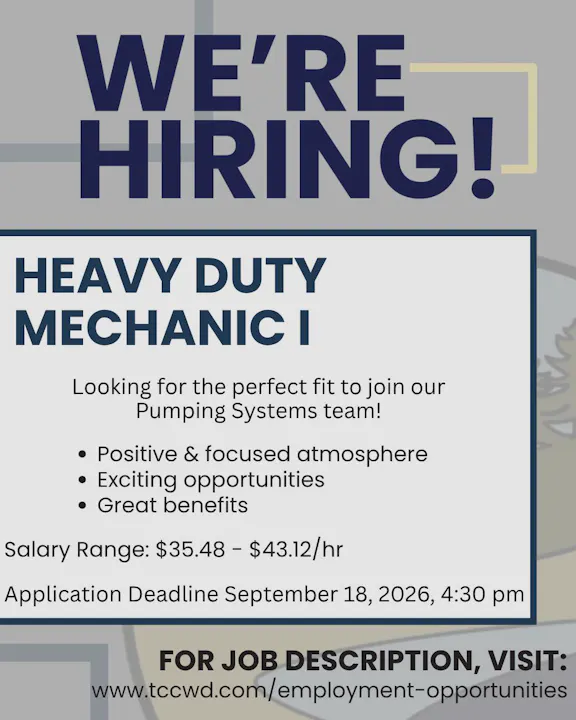 Job opening for a Heavy Duty Mechanic I. Salary $35.48–$43.12/hr. Apply by Sept 18, 2026. Great benefits! Visit website for details.