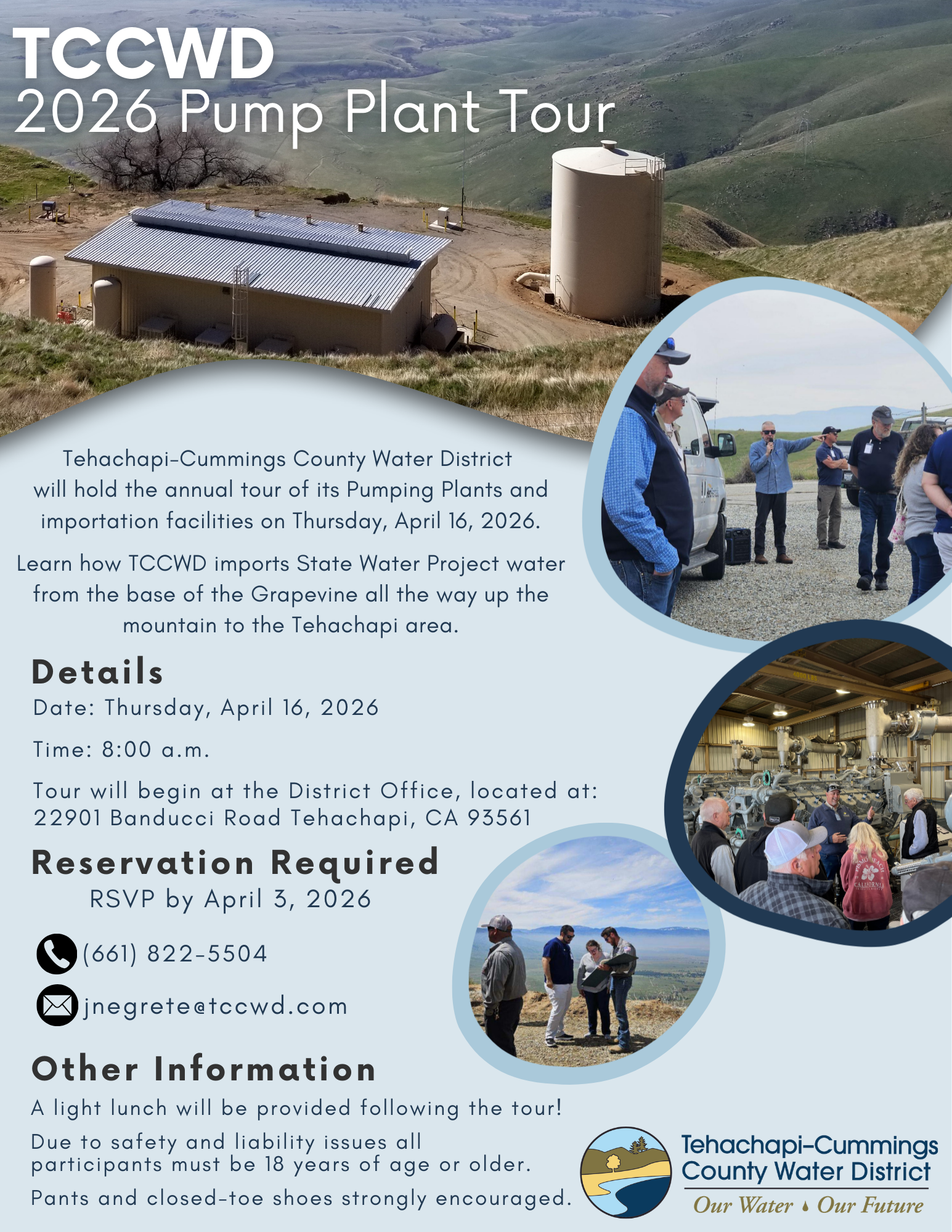 TCCWD Pump Plant Tour on April 16, 2026. Learn about water importation. RSVP by April 3. Safety rules apply.
