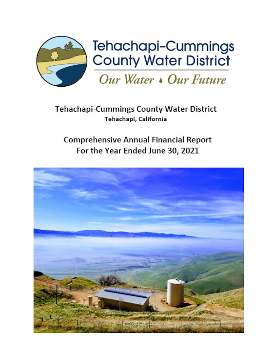 Tehachapi-Cummings County Water District Annual Financial Report 2021, with a landscape image of hills and a water facility.