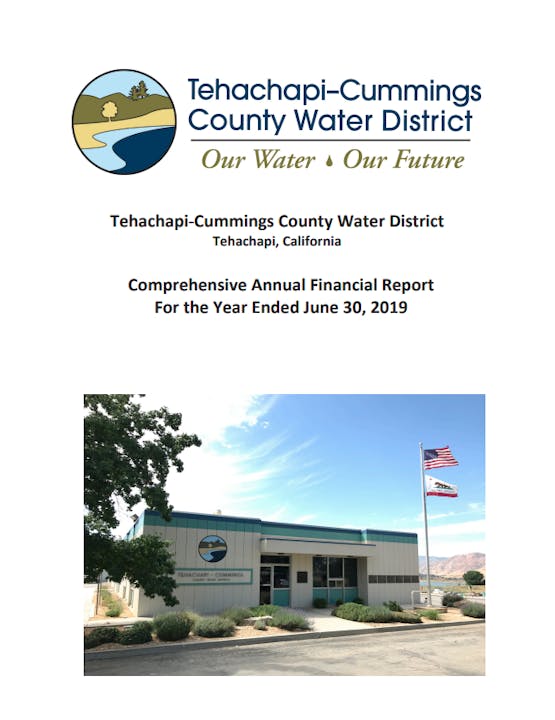 Tehachapi-Cummings County Water District financial report cover for year ending June 30, 2019, featuring office building image.