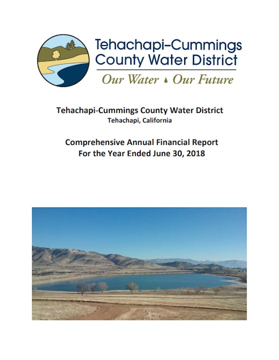 Cover of the 2018 financial report for Tehachapi-Cummings County Water District with a landscape photo of a reservoir.