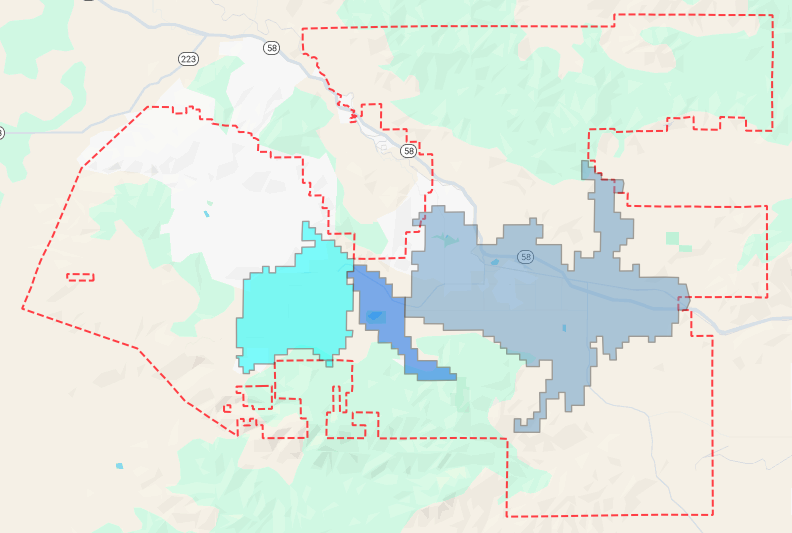 A map with shaded blue areas and red dashed boundaries, featuring roads and geographic regions.