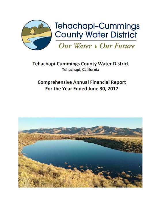 Tehachapi-Cummings County Water District's 2017 financial report cover, featuring a landscape with a lake and hills.