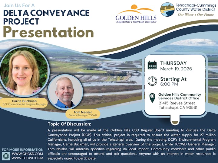 Presentation on the Delta Conveyance Project by Carrie Buckman and Tom Neisler, March 19, 2026, at Golden Hills Community Services.