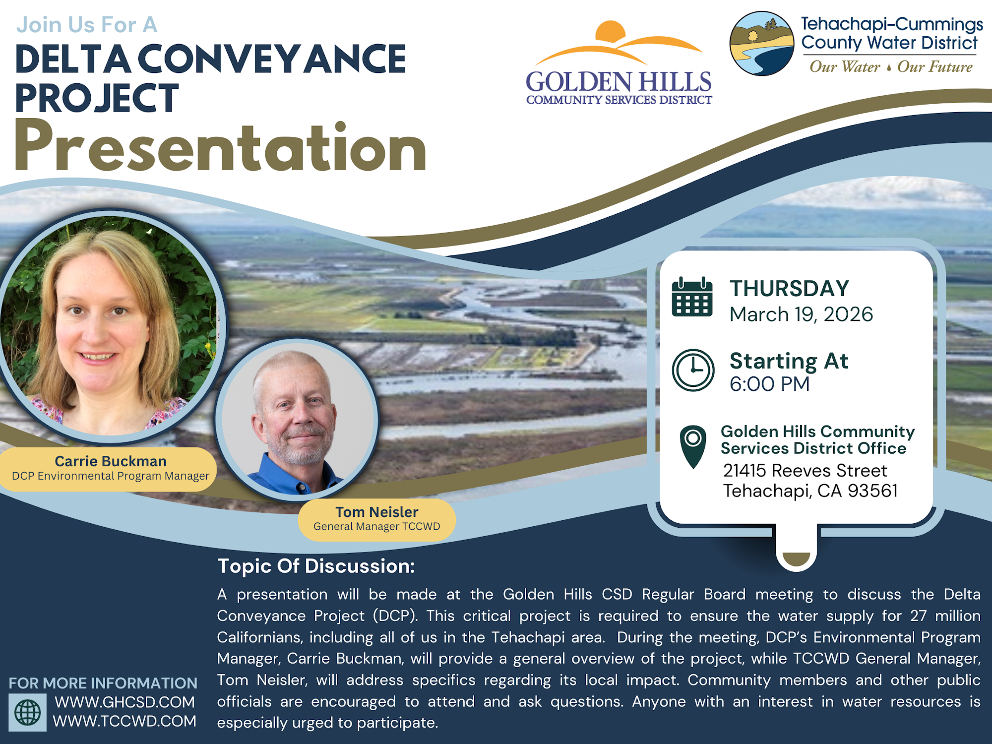 Presentation on the Delta Conveyance Project by Carrie Buckman and Tom Neisler, March 19, 2026, at Golden Hills Community Services.