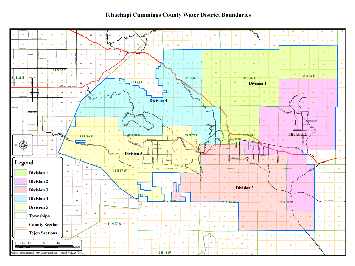 Tehachapi Cummings County Water District map showing divisions, townships, and sections using a color-coded legend.