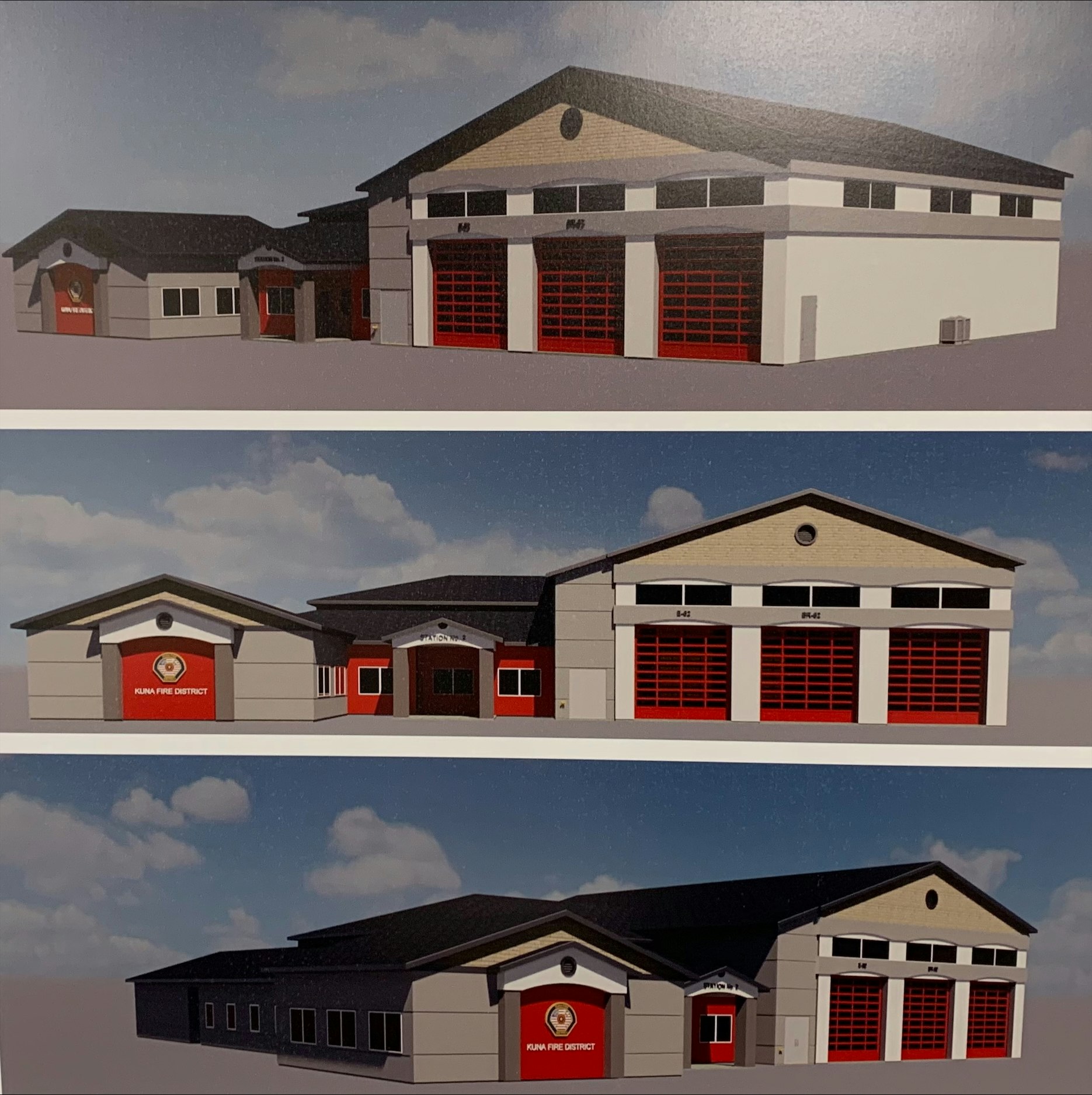 Architectural renderings of a fire station from multiple angles.