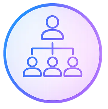 The image features a simple organizational chart with one figure at the top and three figures below, representing a hierarchy.