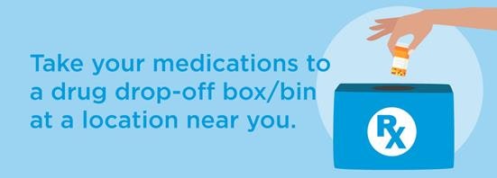 The image promotes taking medications to a nearby drug drop-off box or bin for proper disposal.