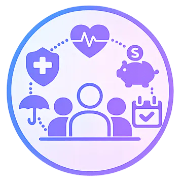 The image illustrates a group connecting health, finance, and planning through symbols like a heart, piggy bank, and calendar.