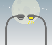 The image features two streetlights illuminated against a night sky with a large moon and stars in the background.