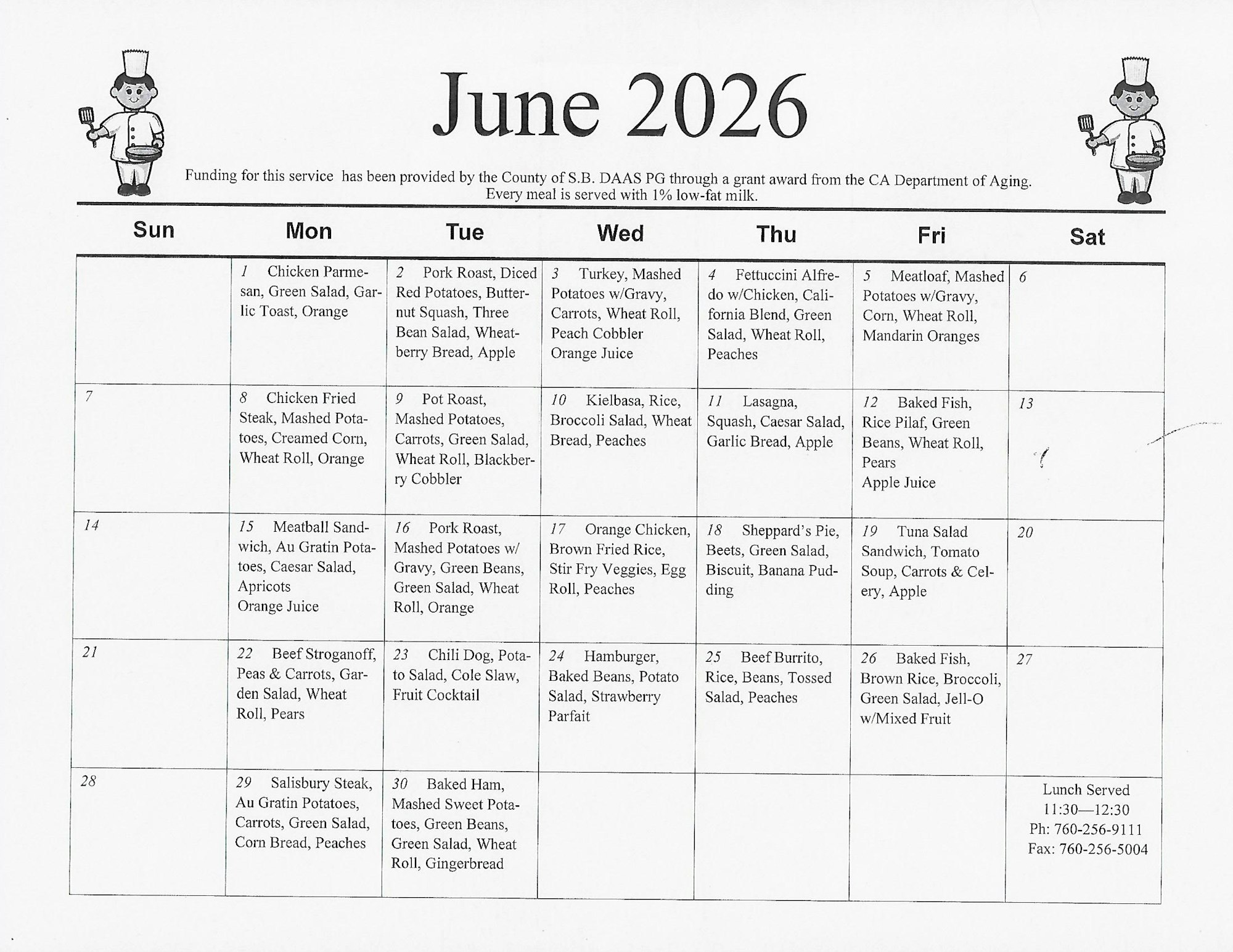The image is a meal calendar for June 2026, listing daily lunch options and sides for various days of the week.