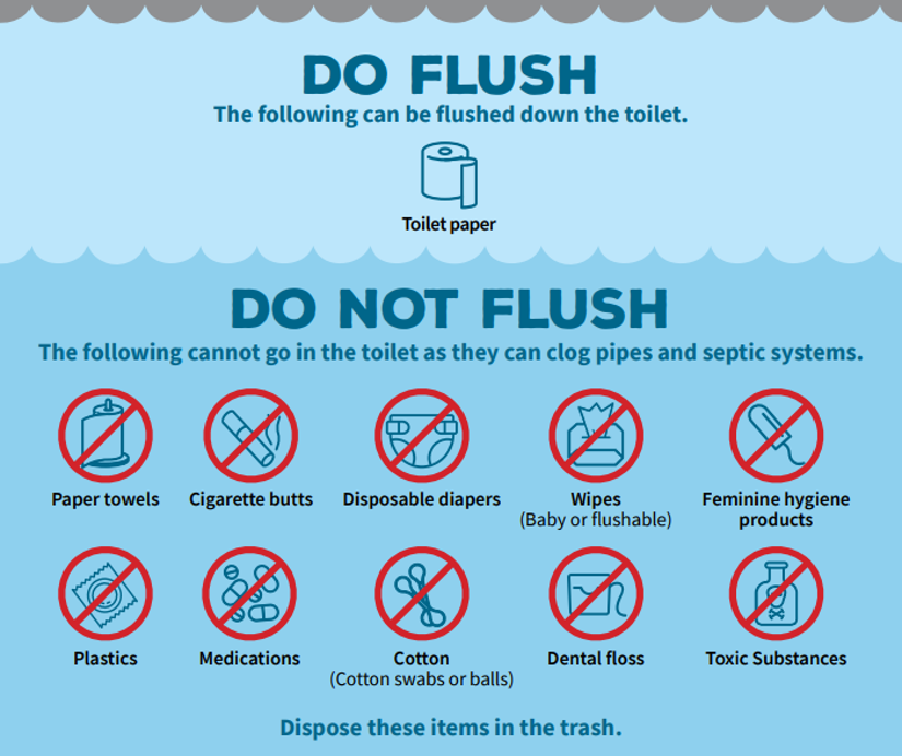 The image lists items that can be flushed (toilet paper) and those that cannot (like paper towels, wipes, and plastics) to prevent clogs.