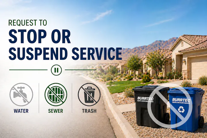The image is a request form for stopping or suspending water, sewer, or trash service, featuring icons for each service.